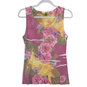 Distinct Women Pink Yellow Floral Paisley Rhinestone Butterfly Ribbed Tank Top L